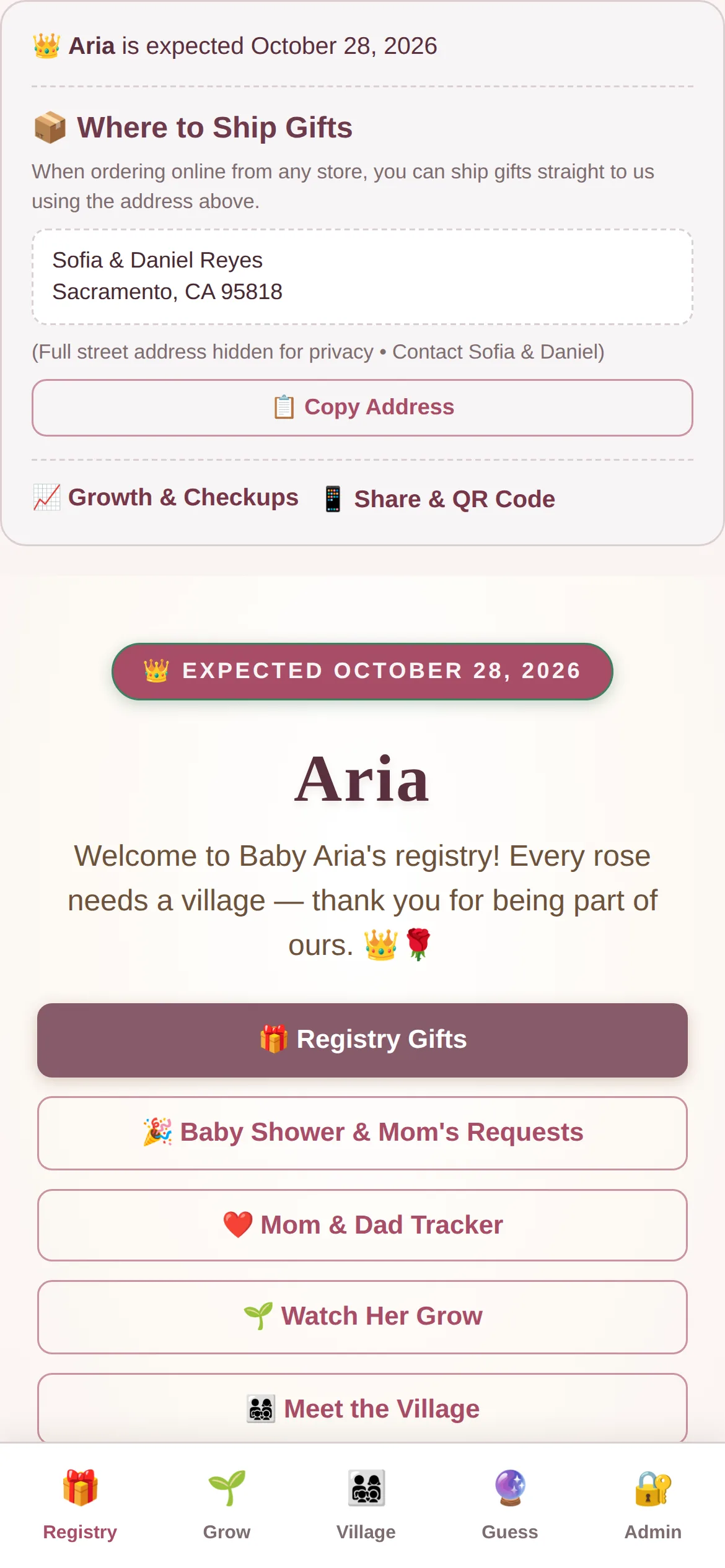 The registry on a phone, showing the countdown, where to ship gifts, and the gift list