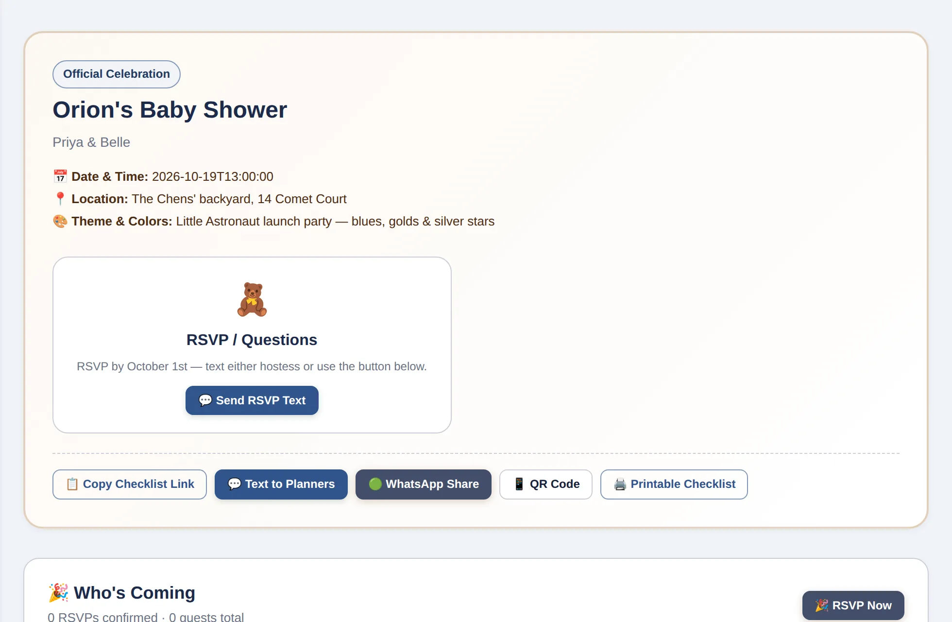 The baby shower page with date, location, an RSVP tally and a list of tasks helpers can claim