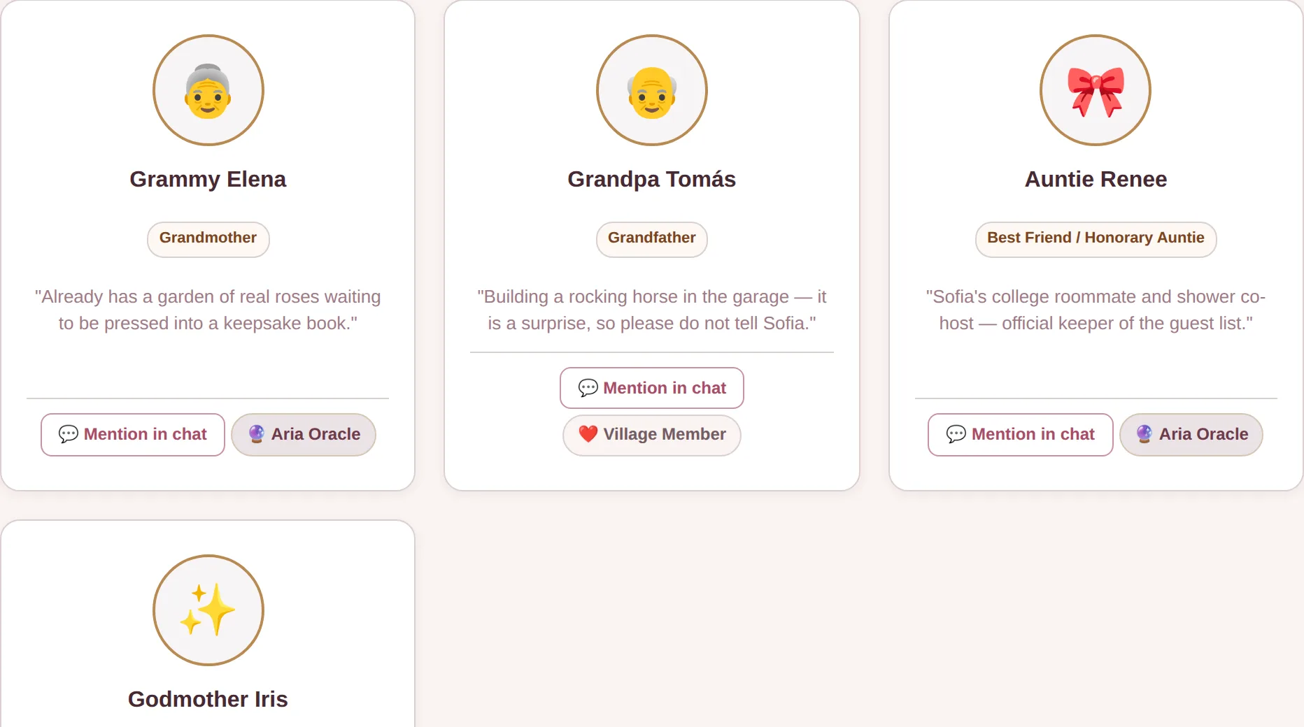 Village member cards for Grammy Elena, Grandpa Tomás, Auntie Renee and Godmother Iris, each with their chosen nickname, relationship and a short note